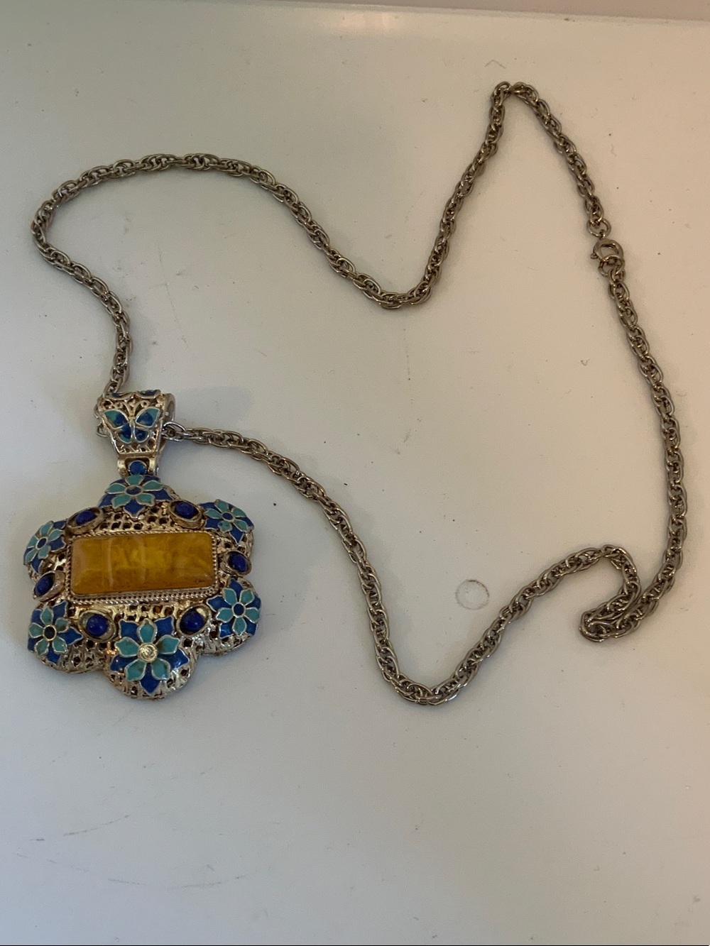 Blue Floral Enamel Pendant Necklace with Yellow Center